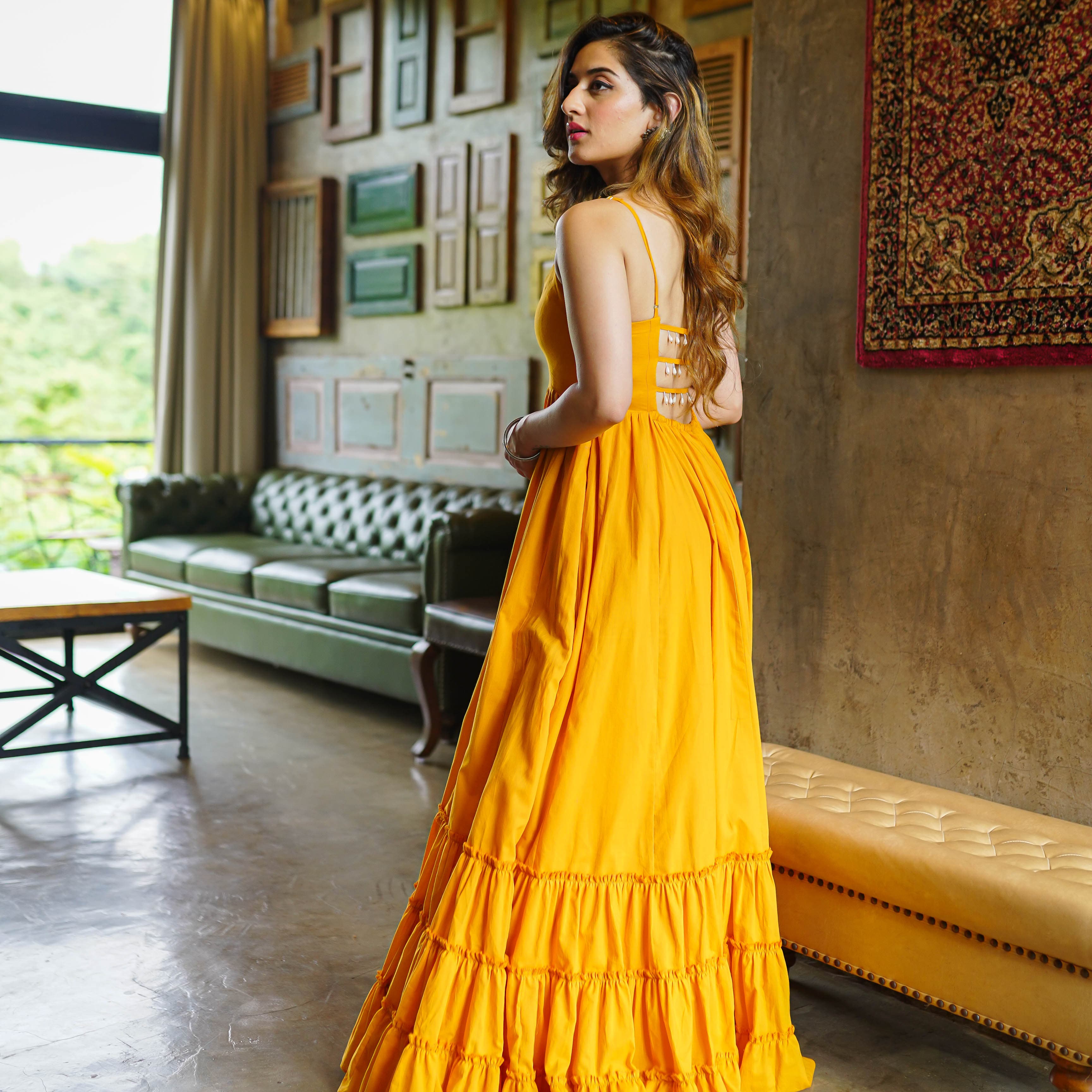 Olivia Mustard Cotton Maxi Dress For Women Online